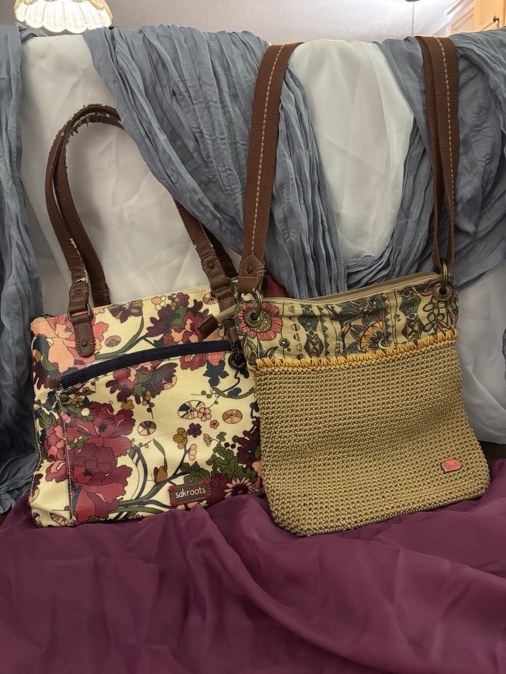 Sakroots Floral & Crochet Shoulder Tote Bag Lot of 2 Boho Canvas Purses